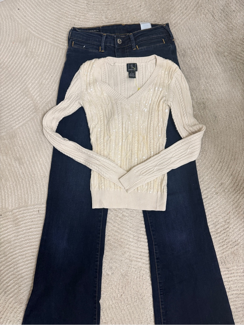 Full outfit True Religion Dark Blue Flare Jeans and Inc sweater